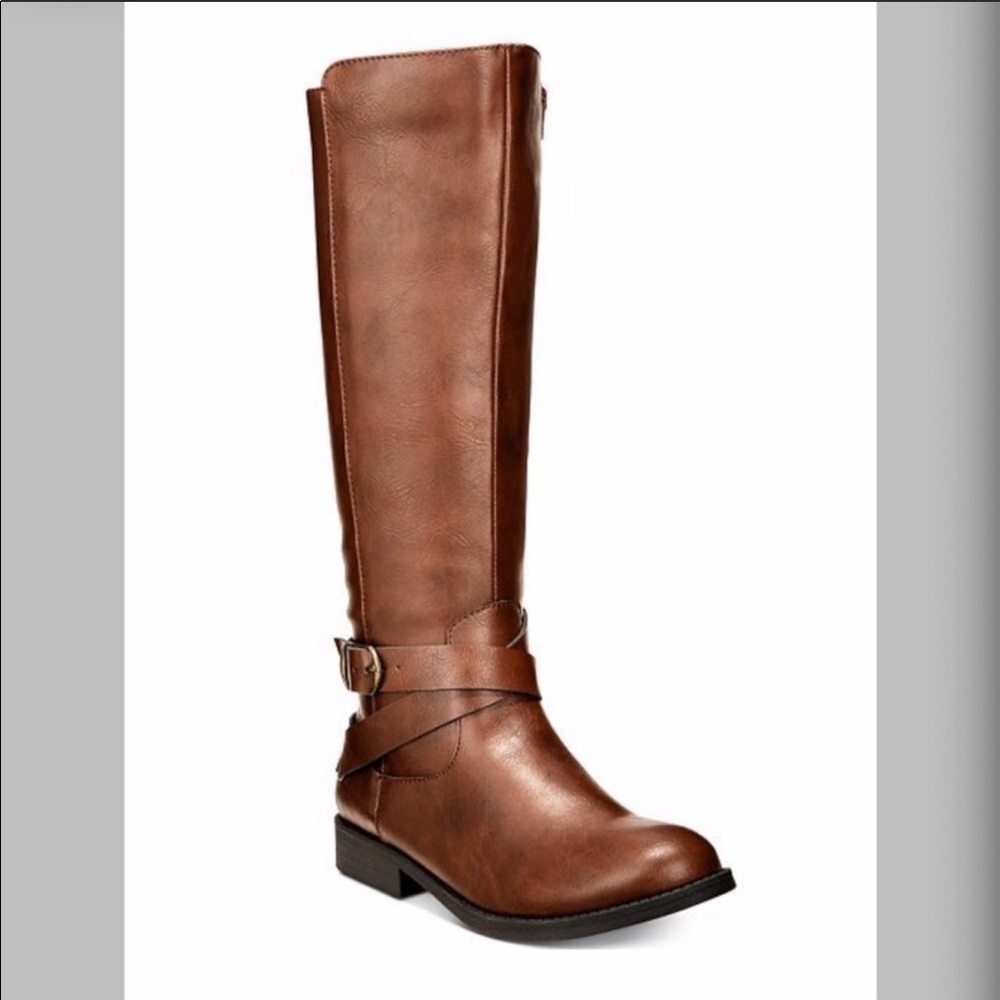 Brown Tall Vegan Leather Riding Boots w Buckle - Picture 2 of 8